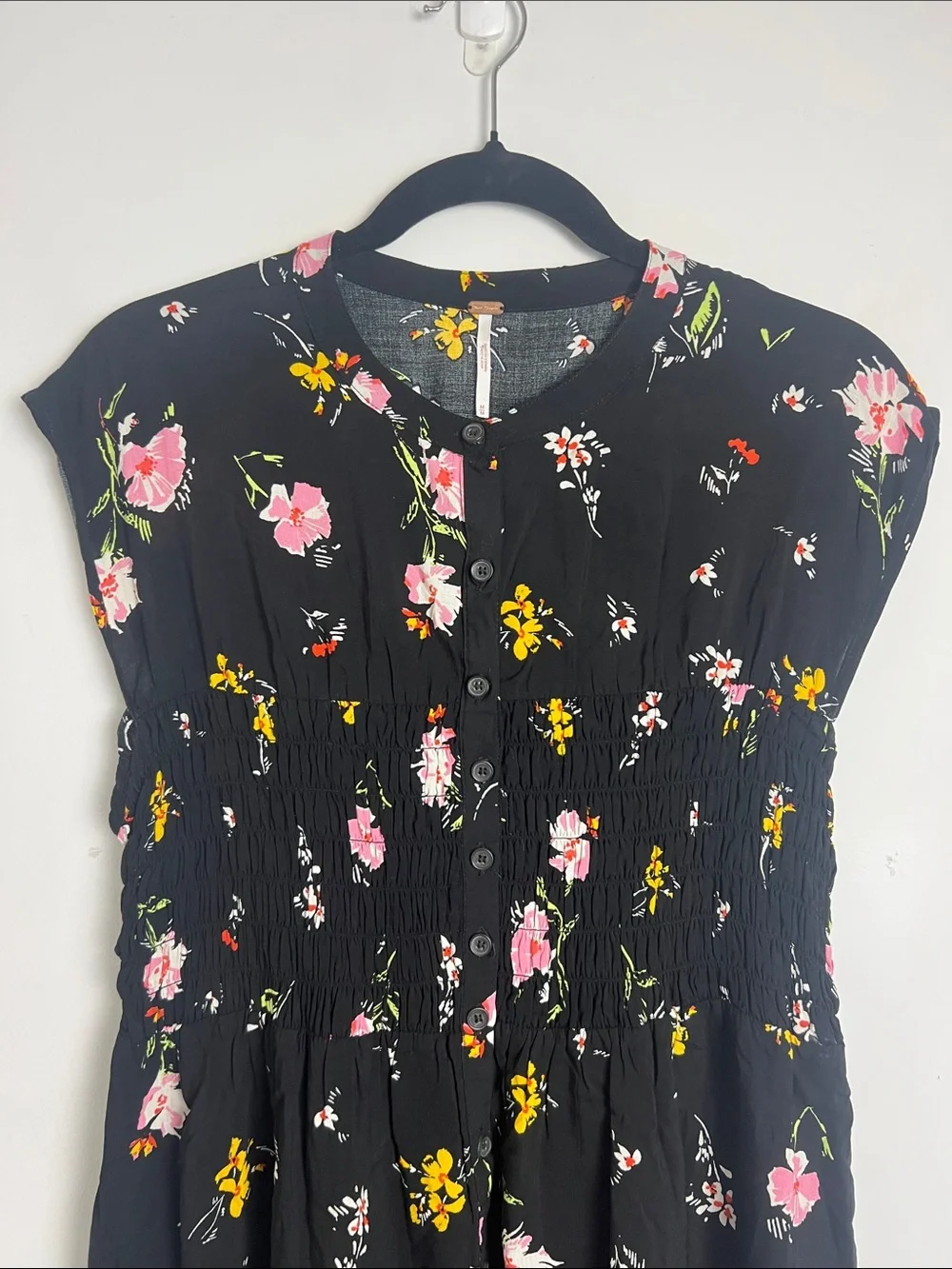 Free People Medium Greatest Day Black Floral Smocked Button Front Mini Dress